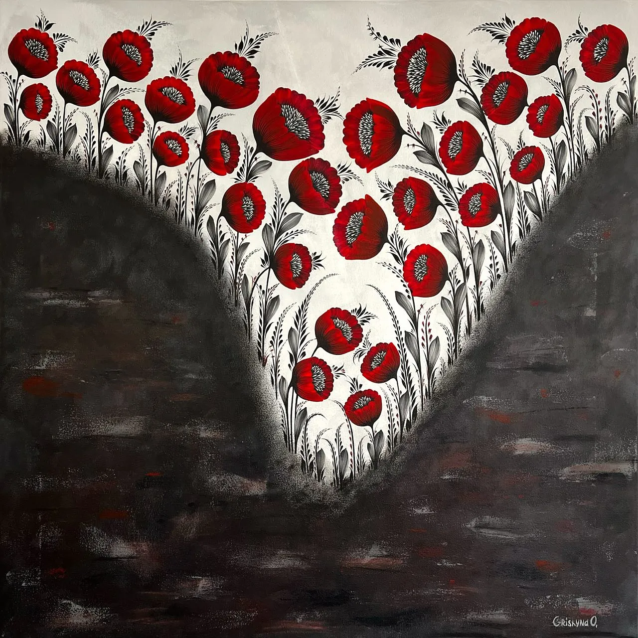 Image of Abyss by Olena Grishyna, size: 80x80cm, made of acrylic/pastels/canvas, Painting medium, from Germany, part of the Flowers of Remembrance series, priced at €800 Photo 1 of 5.