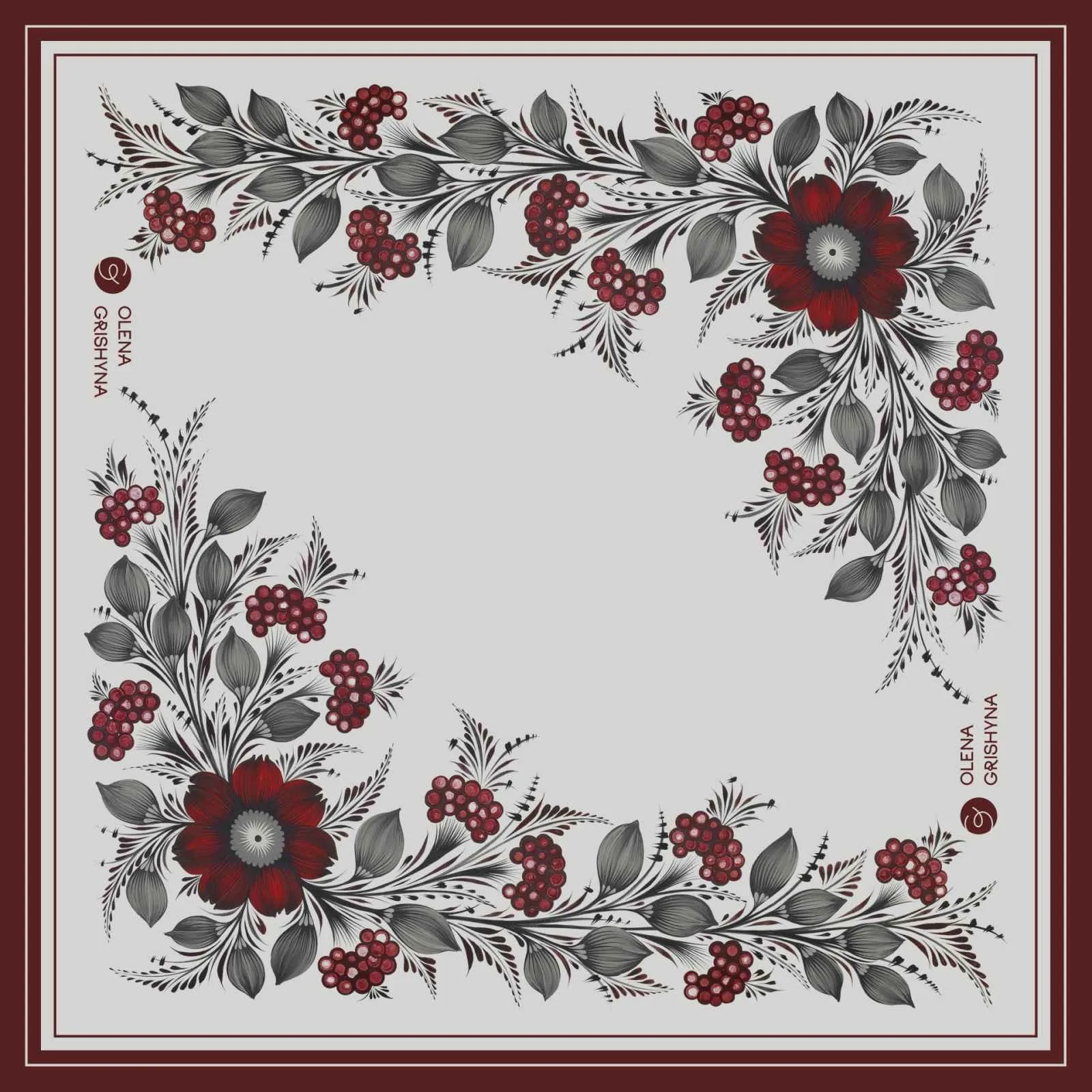 Image of Berry Blossom.Ornamental by Olena Grishyna, size: 65х65 см, made of silk, Silk scarves medium, priced at €53 Photo 1 of 2.