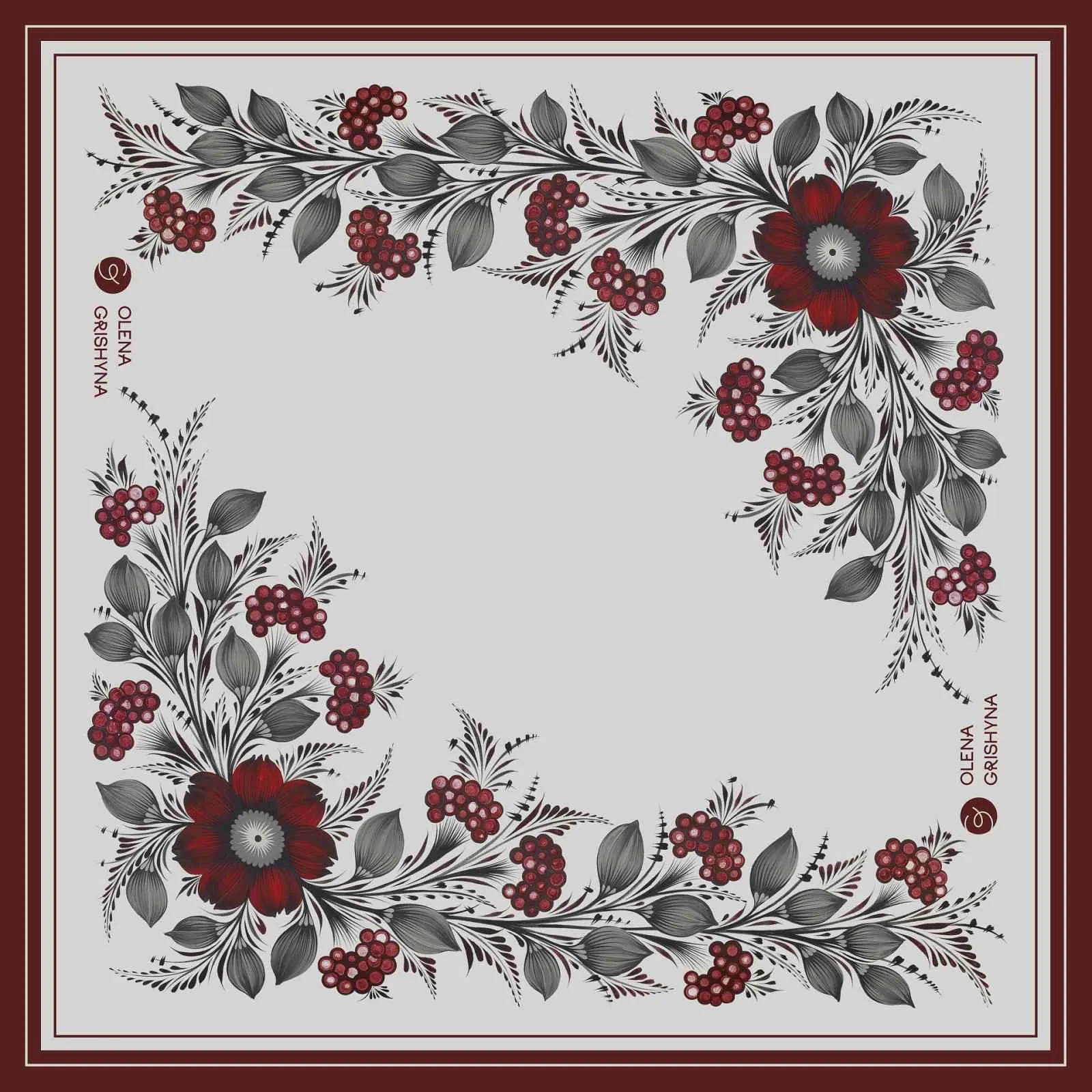 Image of Berry Blossom.Ornamental by Olena Grishyna, size: 65х65 см, made of silk, Silk scarves medium, priced at €53 Photo 1 of 2.