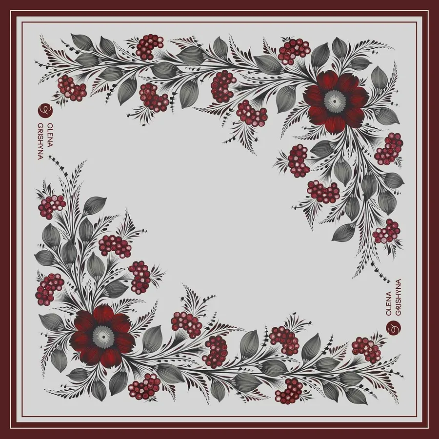 Зображення "Ягідний цвіт. Орнаментова" від Олена Грішина, розмір: 65х65 см, матеріали: Натуральний шовк, медіум: Шовкові хустини, ціна: €53 Фото 1 з 2.