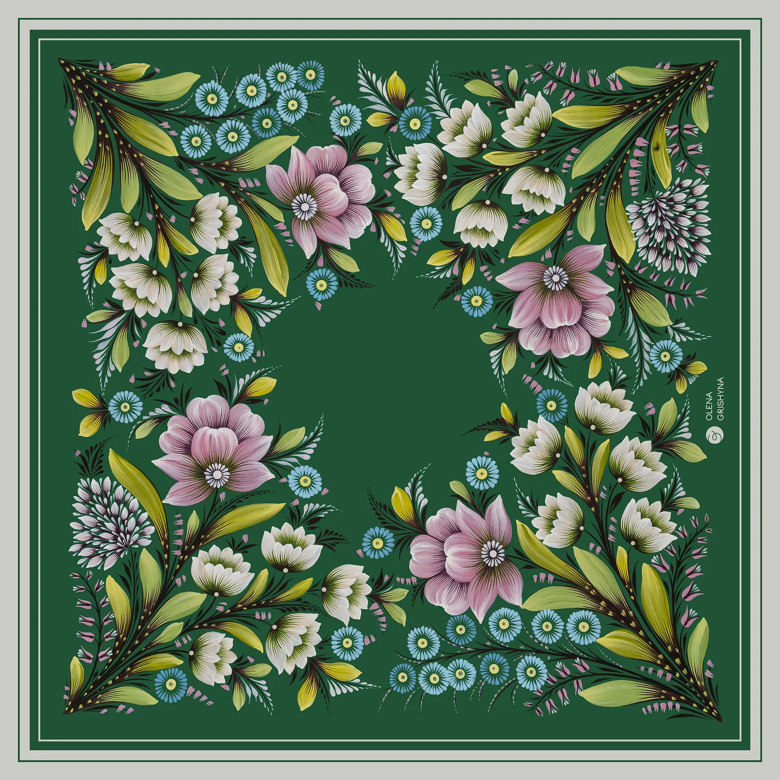 Image of Zakvitchana | 65x65 cm by Olena Grishyna, size: 65х65 см, made of silk, Silk scarves medium, priced at €53 Photo 1 of 3.