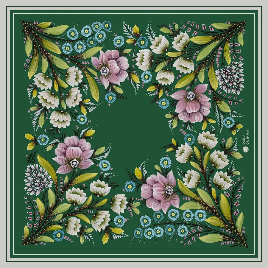 Image of Zakvitchana. Large | 95x95 cm by Olena Grishyna, size: 95х95 см, made of silk, Silk scarves medium, priced at €93