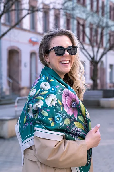 Image of Zakvitchana. Large | 95x95 cm by Olena Grishyna, size: 95х95 см, made of silk, Silk scarves medium, priced at €93 Photo 2 of 4.