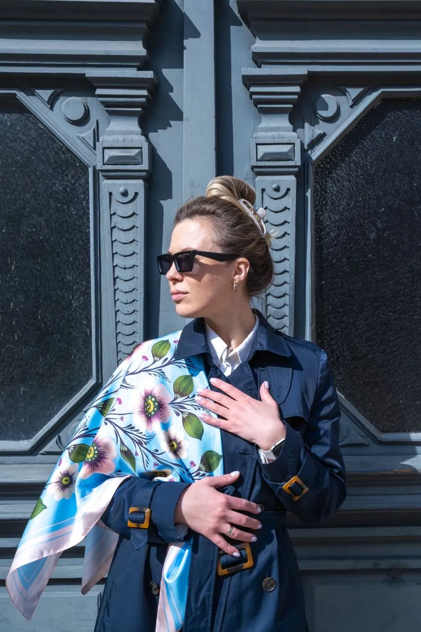 Image of Vesniana. Large | 95x95 cm by Olena Grishyna, size: 95х95 см, made of silk, Silk scarves medium, priced at €93 Photo 3 of 4.
